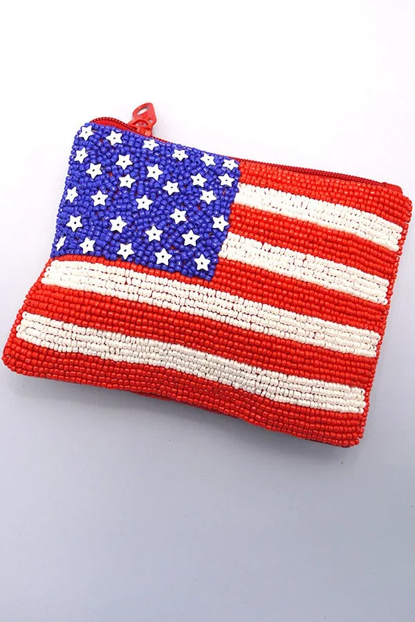 4TH OF JULY FLAG SEEDBEAD USA COIN PURSE POUCH | 91CP636