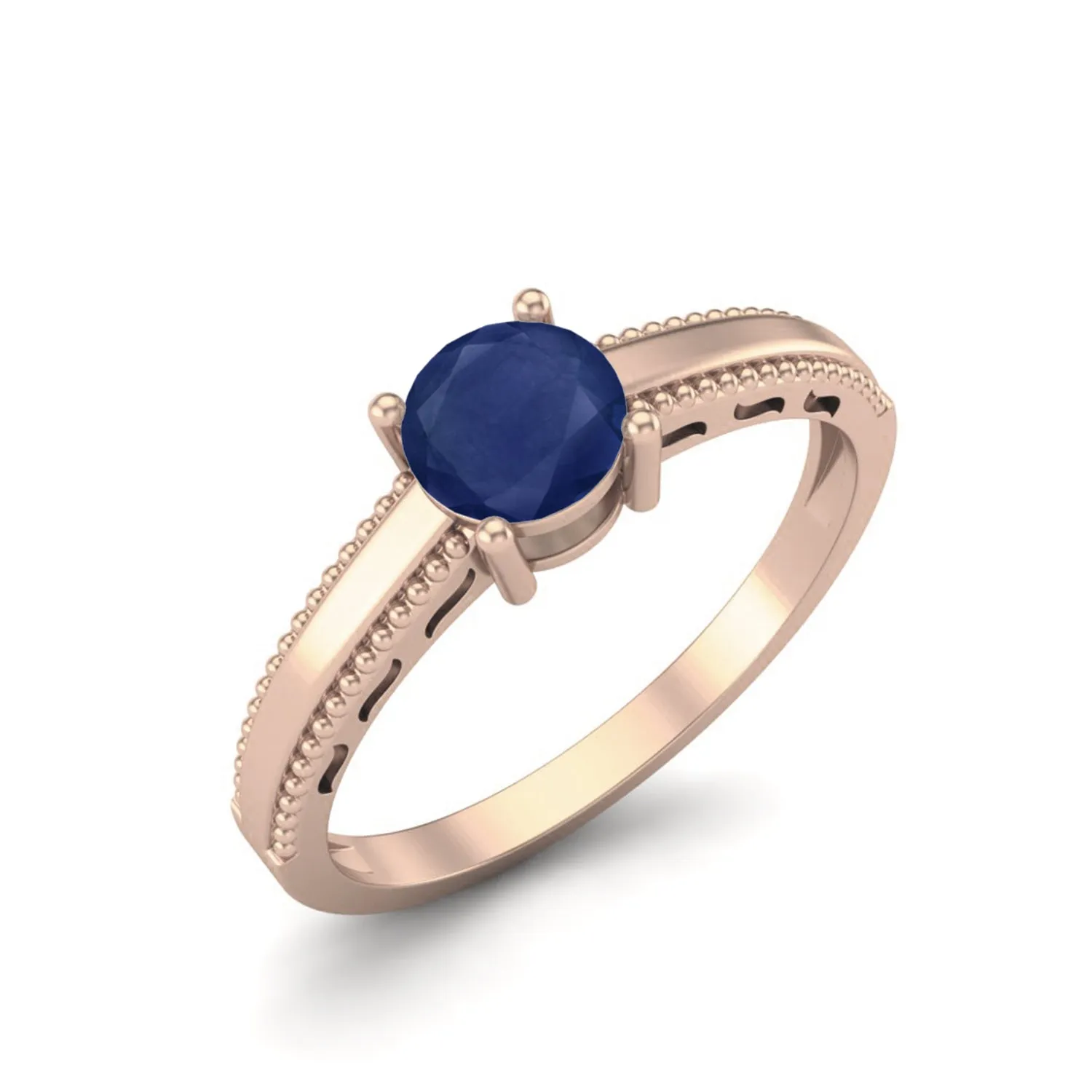 925 Sterling Silver 0.50 Cts Round Blue Sapphire Solitaire Beaded Shank Engagement Women Ring