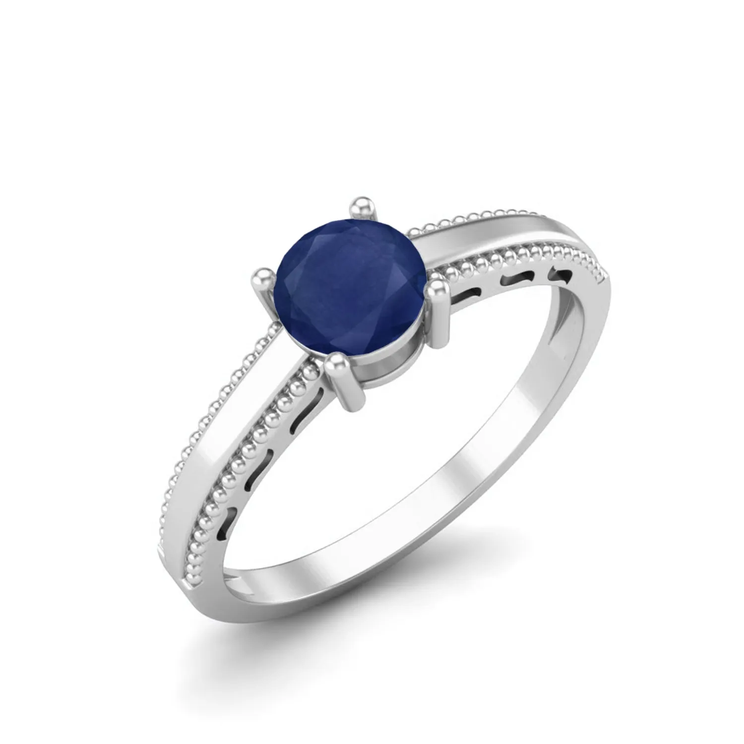 925 Sterling Silver 0.50 Cts Round Blue Sapphire Solitaire Beaded Shank Engagement Women Ring