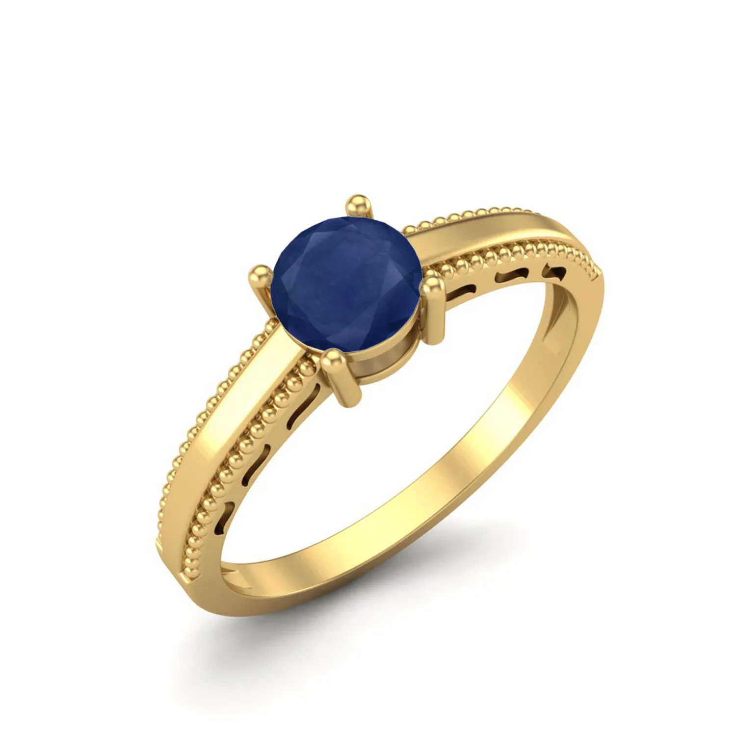 925 Sterling Silver 0.50 Cts Round Blue Sapphire Solitaire Beaded Shank Engagement Women Ring