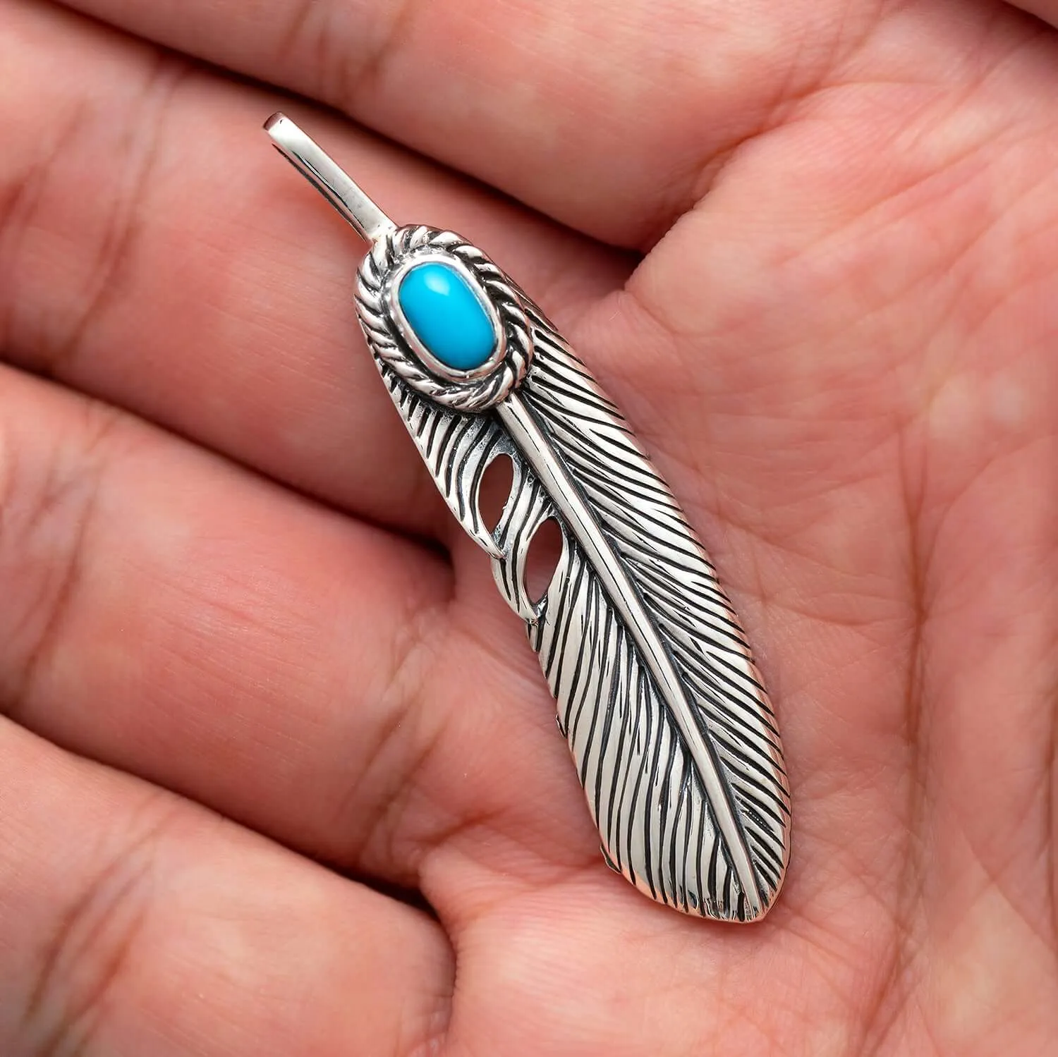 925 Sterling Silver Feather Pendant with Blue Turquoise