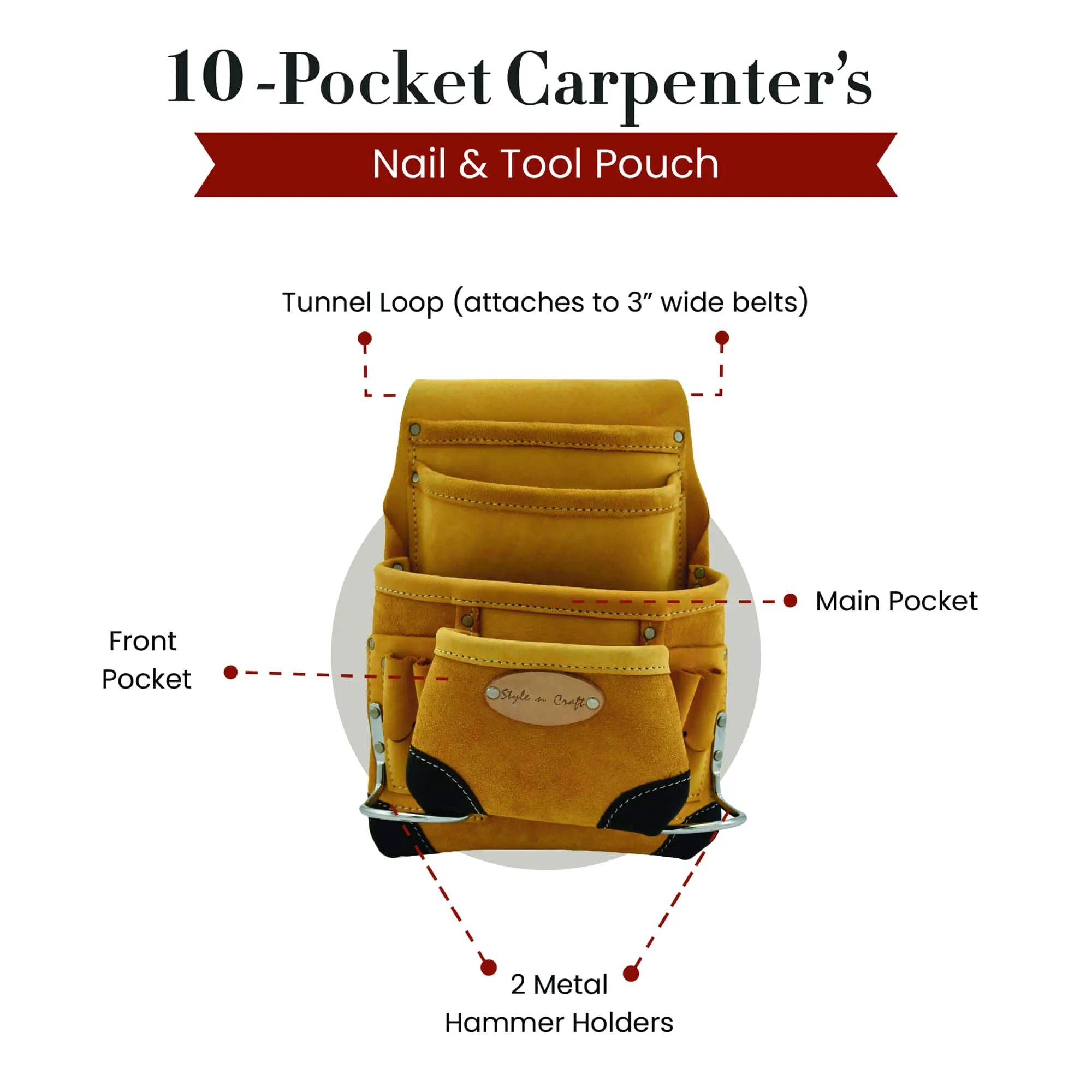 93923 - 10 Pocket Carpenter's Nail & Tool Pouch in Full Grain Leather | Style n Craft