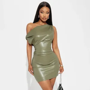 Alessia One-Shoulder Ruched Faux Leather Bodycon Mini Dress