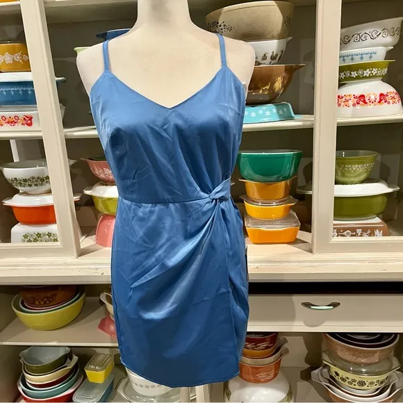 Always The Finest Slate Blue Satin Faux-Wrap Mini Dress - Size Medium