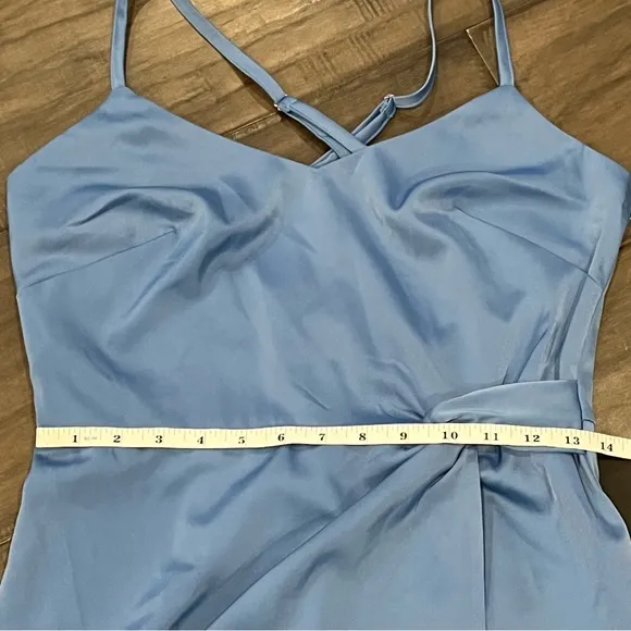 Always The Finest Slate Blue Satin Faux-Wrap Mini Dress - Size Medium