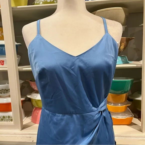 Always The Finest Slate Blue Satin Faux-Wrap Mini Dress - Size Medium