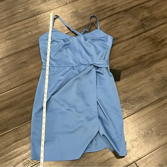 Always The Finest Slate Blue Satin Faux-Wrap Mini Dress - Size Medium