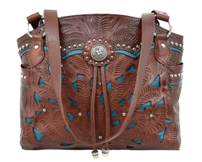 American West Handbag Lady Lace Collection: Leather Western Half Moon Tote
