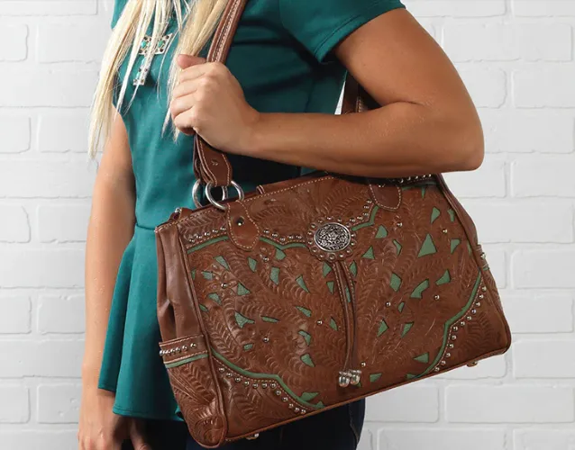 American West Handbag Lady Lace Collection: Leather Western Multi Compartment