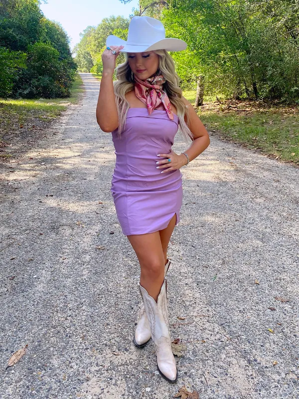Another Day Another Sleigh Strapless Faux Leather Side Slit Mini Dress, Lilac