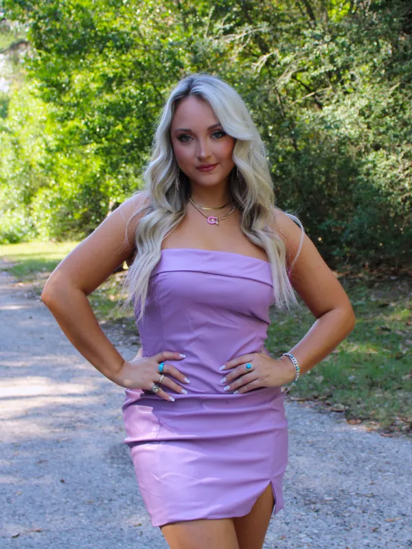 Another Day Another Sleigh Strapless Faux Leather Side Slit Mini Dress, Lilac