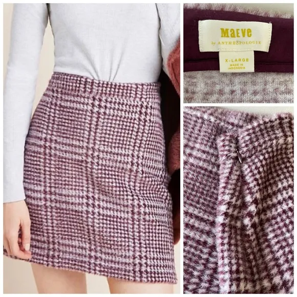 Anthropologie Maeve Mini Plaid Stretch Gregoria Textured Soft Fur Skirt Size XL