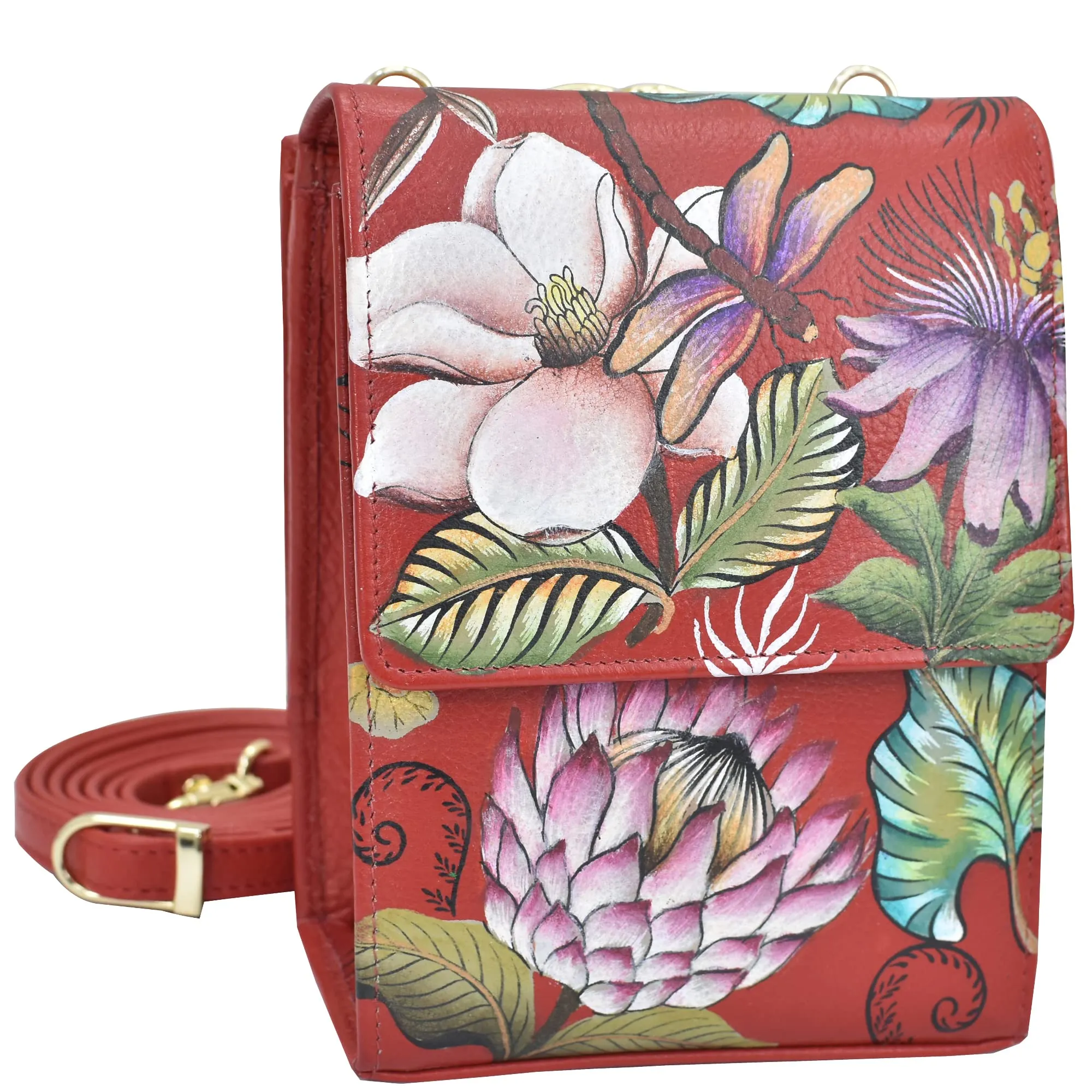 Anuschka Women’s Hand-Painted Genuine Leather Triple Compartment Crossbody Organiser - Crimson Garden