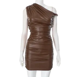 Asymmetric Neckline Faux Leather Mini Dress