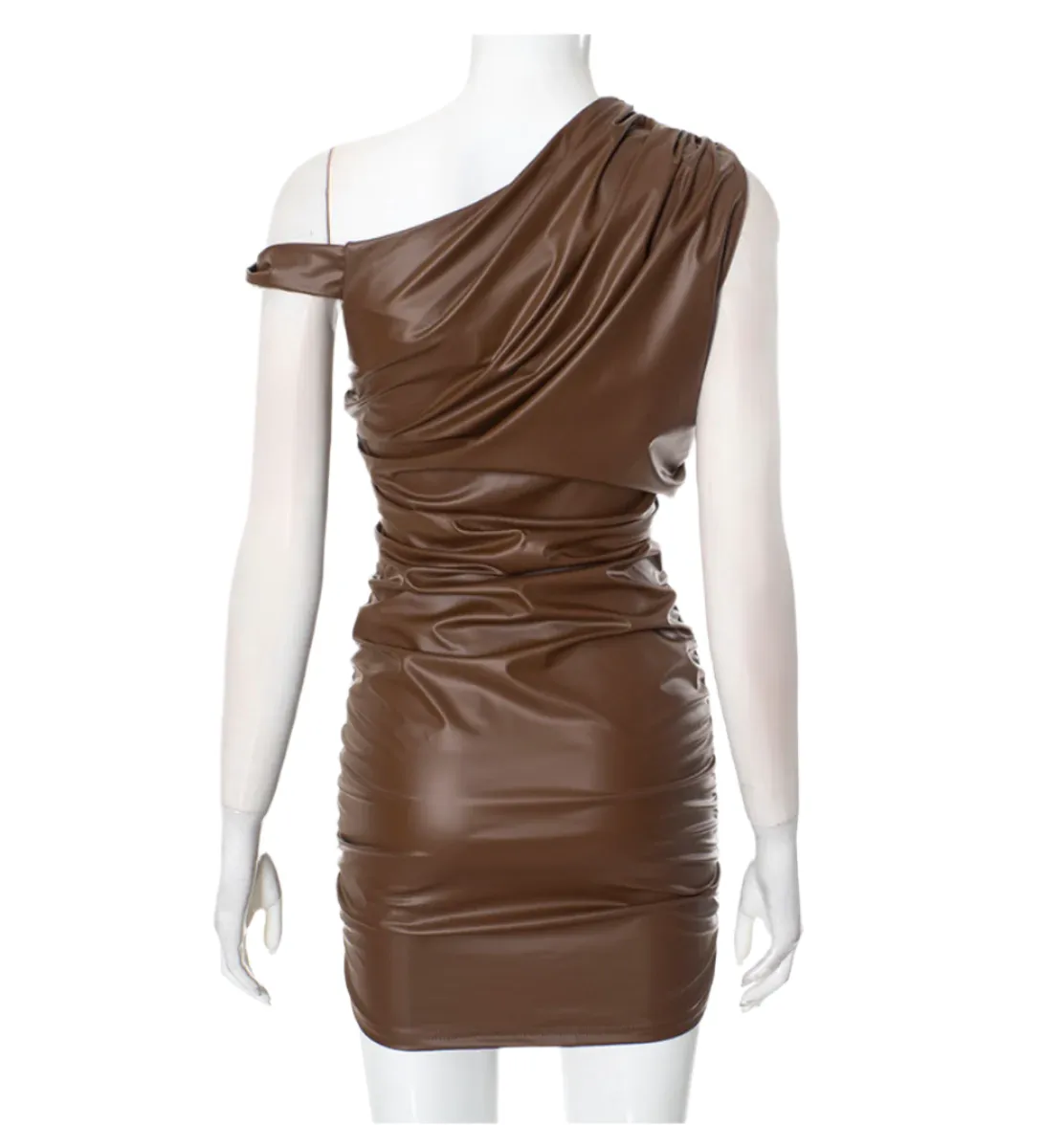 Asymmetric Neckline Faux Leather Mini Dress