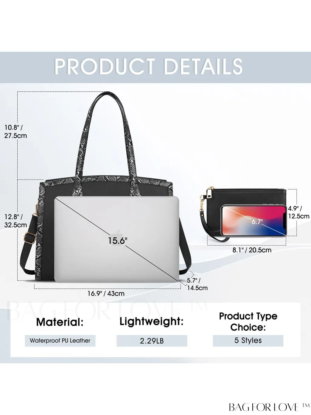 BagForLove - 15.6 Inch Laptop Tote Bags - Stylish Waterproof Briefcase for Women - Office Business Shoulder Bag Set