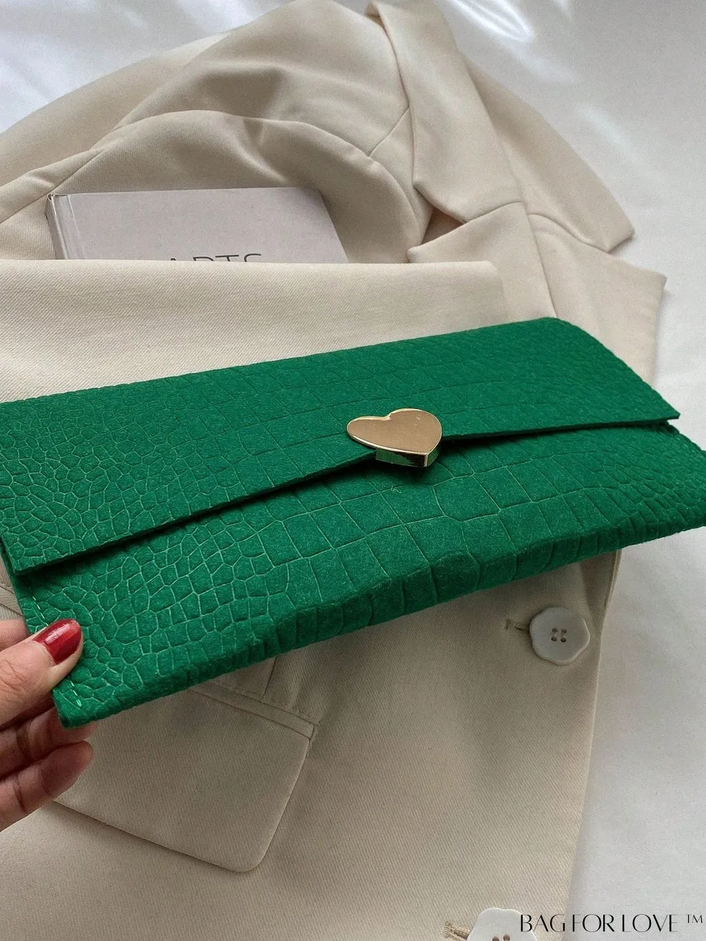 BagForLove - Crocodile Embossed Envelope Bag with Stylish Metal Heart Accent