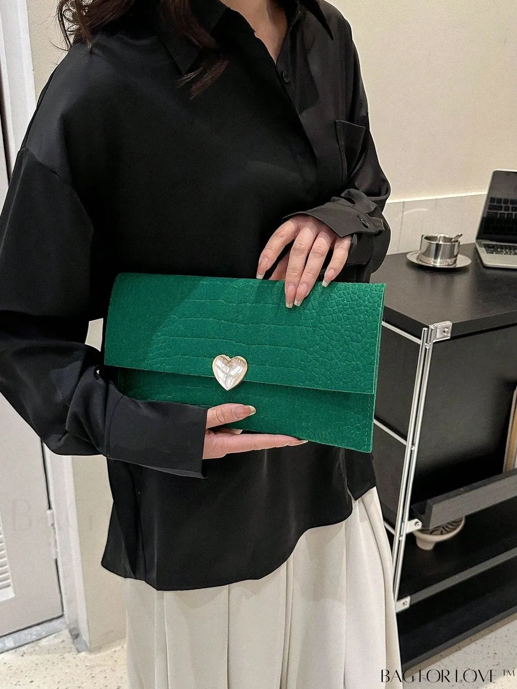 BagForLove - Crocodile Embossed Envelope Bag with Stylish Metal Heart Accent