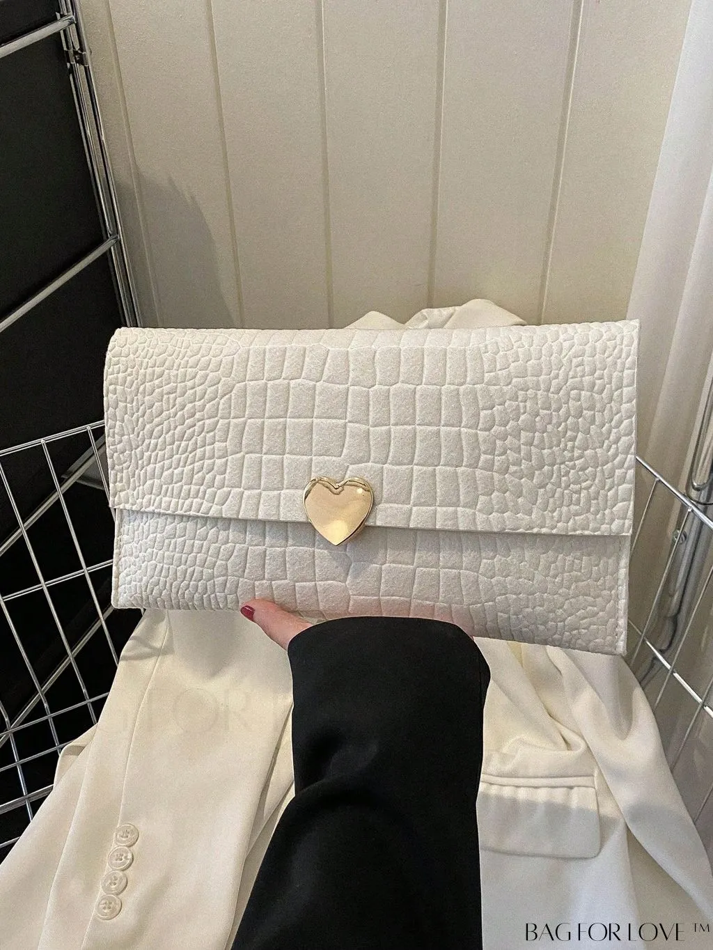 BagForLove - Crocodile Embossed Envelope Bag with Stylish Metal Heart Accent