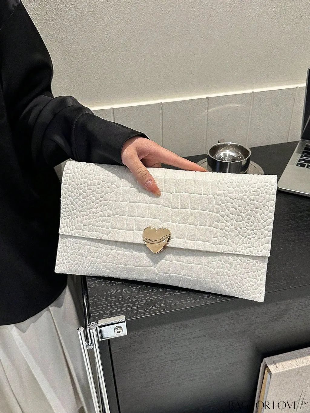 BagForLove - Crocodile Embossed Envelope Bag with Stylish Metal Heart Accent