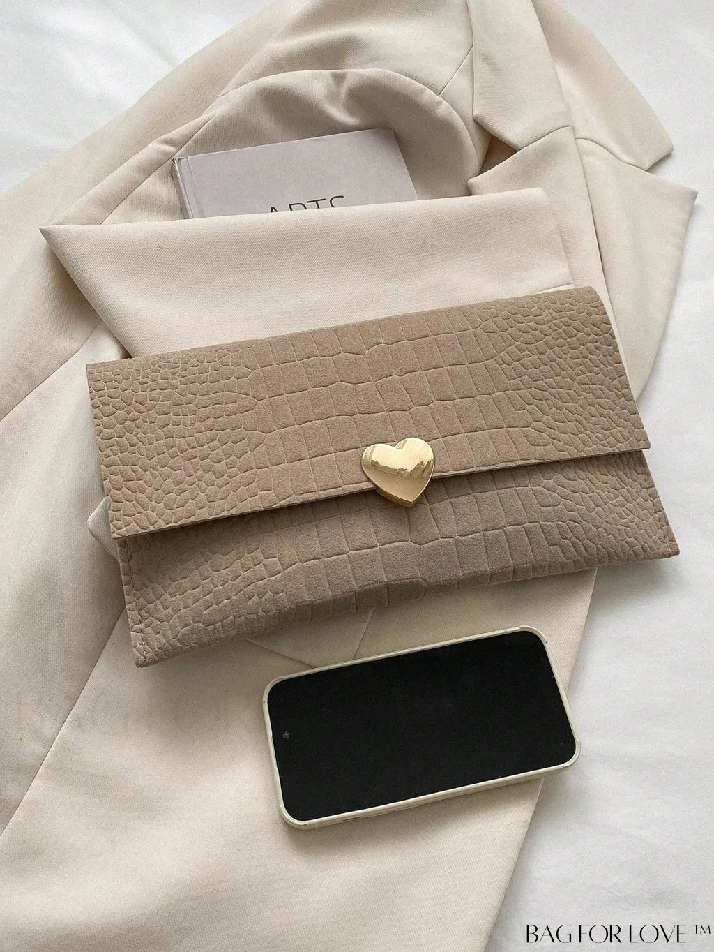 BagForLove - Crocodile Embossed Envelope Bag with Stylish Metal Heart Accent