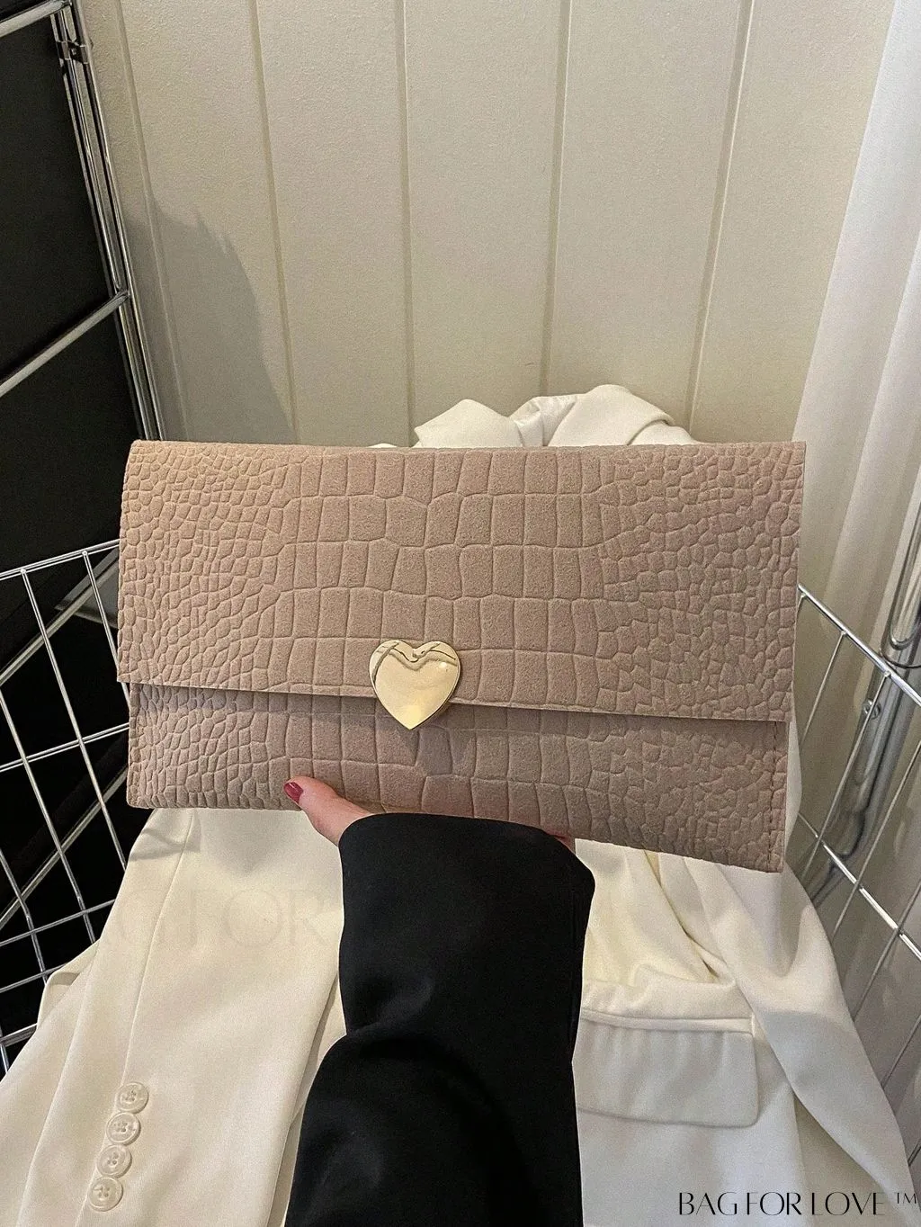 BagForLove - Crocodile Embossed Envelope Bag with Stylish Metal Heart Accent
