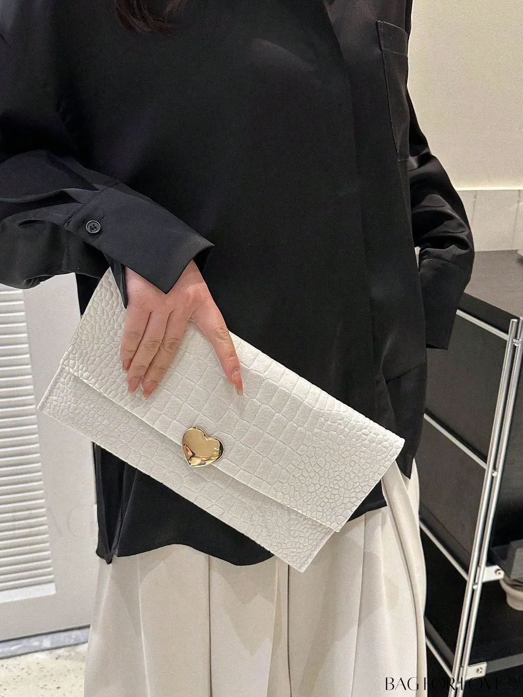 BagForLove - Crocodile Embossed Envelope Bag with Stylish Metal Heart Accent