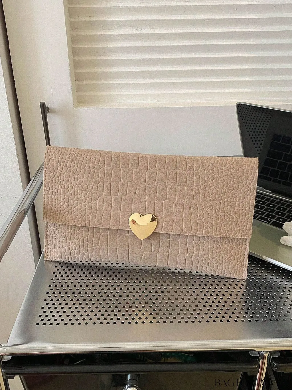 BagForLove - Crocodile Embossed Envelope Bag with Stylish Metal Heart Accent