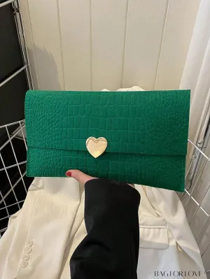 BagForLove - Crocodile Embossed Envelope Bag with Stylish Metal Heart Accent