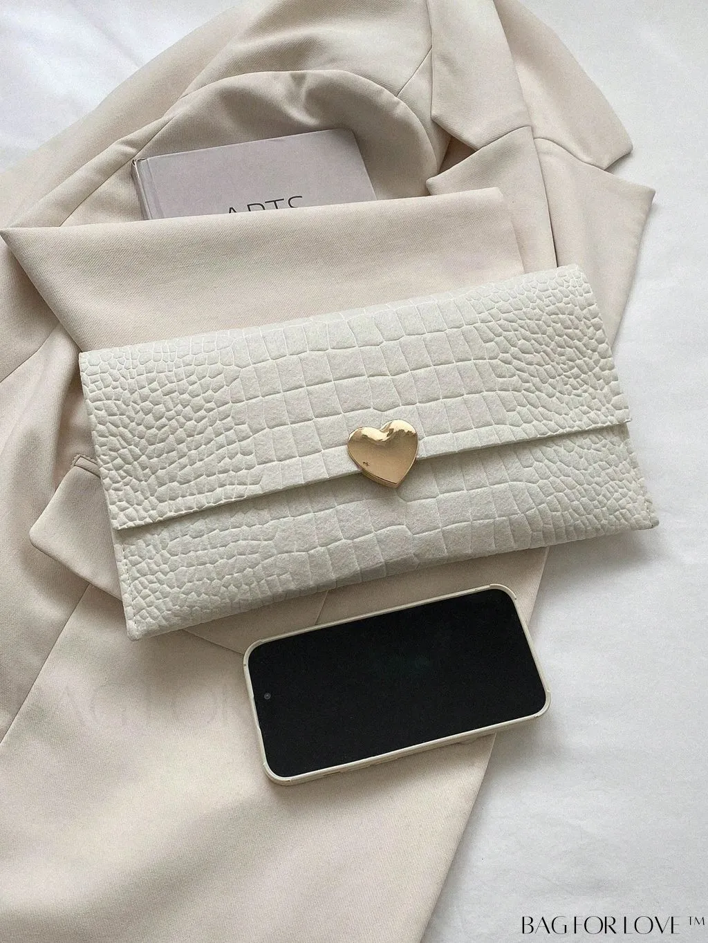 BagForLove - Crocodile Embossed Envelope Bag with Stylish Metal Heart Accent