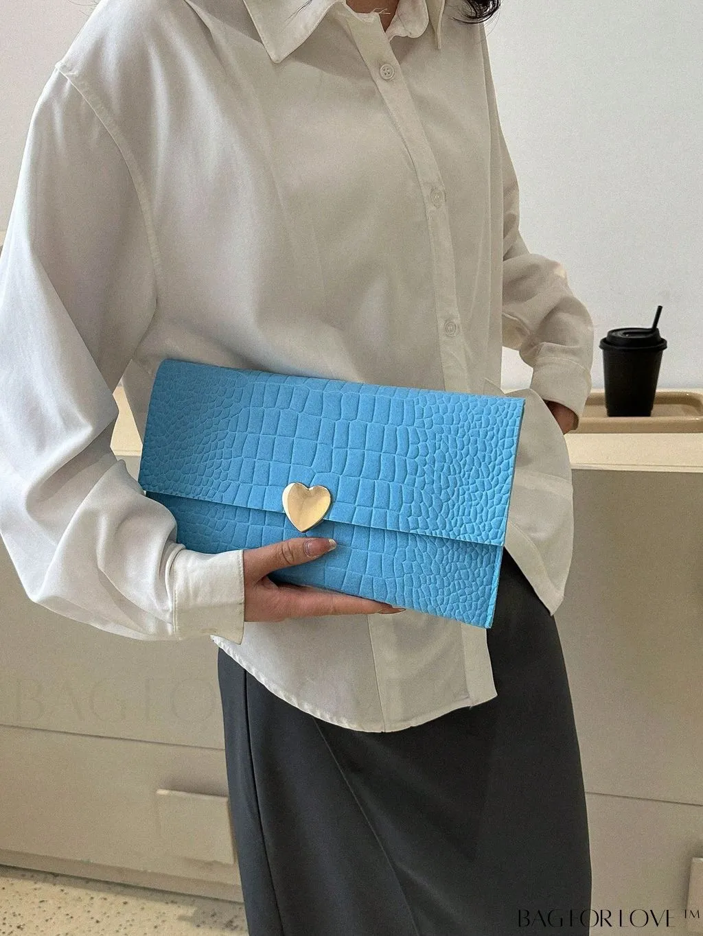 BagForLove - Crocodile-Embossed Medium Envelope Bag with Heart Flap Decoration