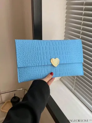 BagForLove - Crocodile-Embossed Medium Envelope Bag with Heart Flap Decoration