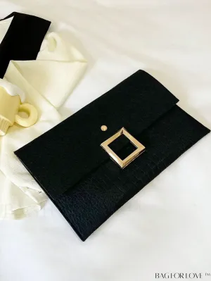 BagForLove - Crocodile-Embossed Metal Envelope Bag in Black: Elegant and Stylish