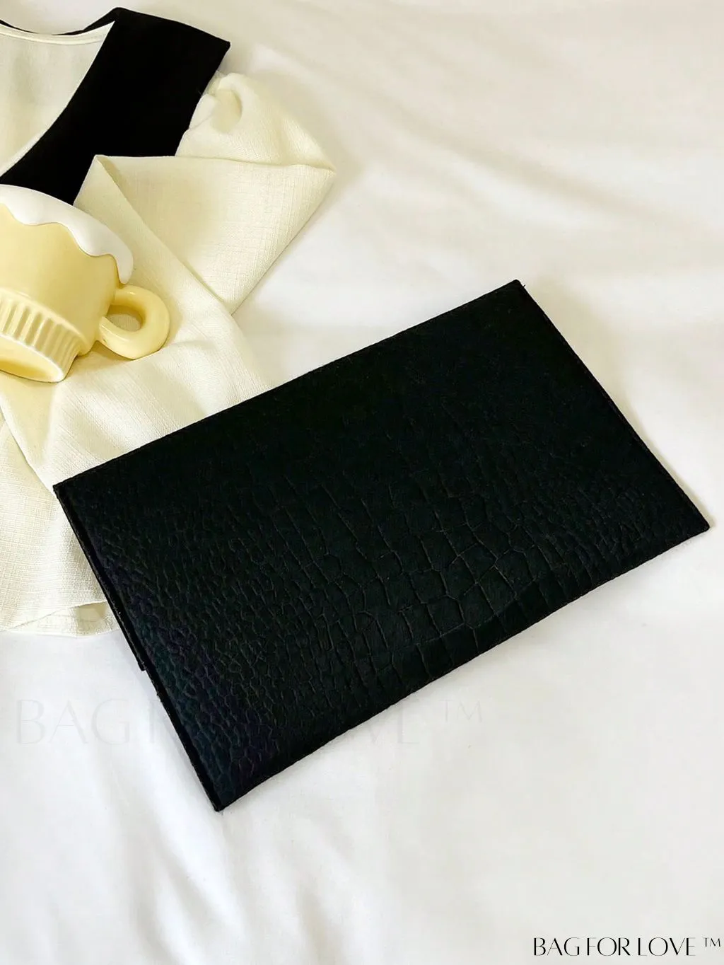 BagForLove - Crocodile-Embossed Metal Envelope Bag in Black: Elegant and Stylish