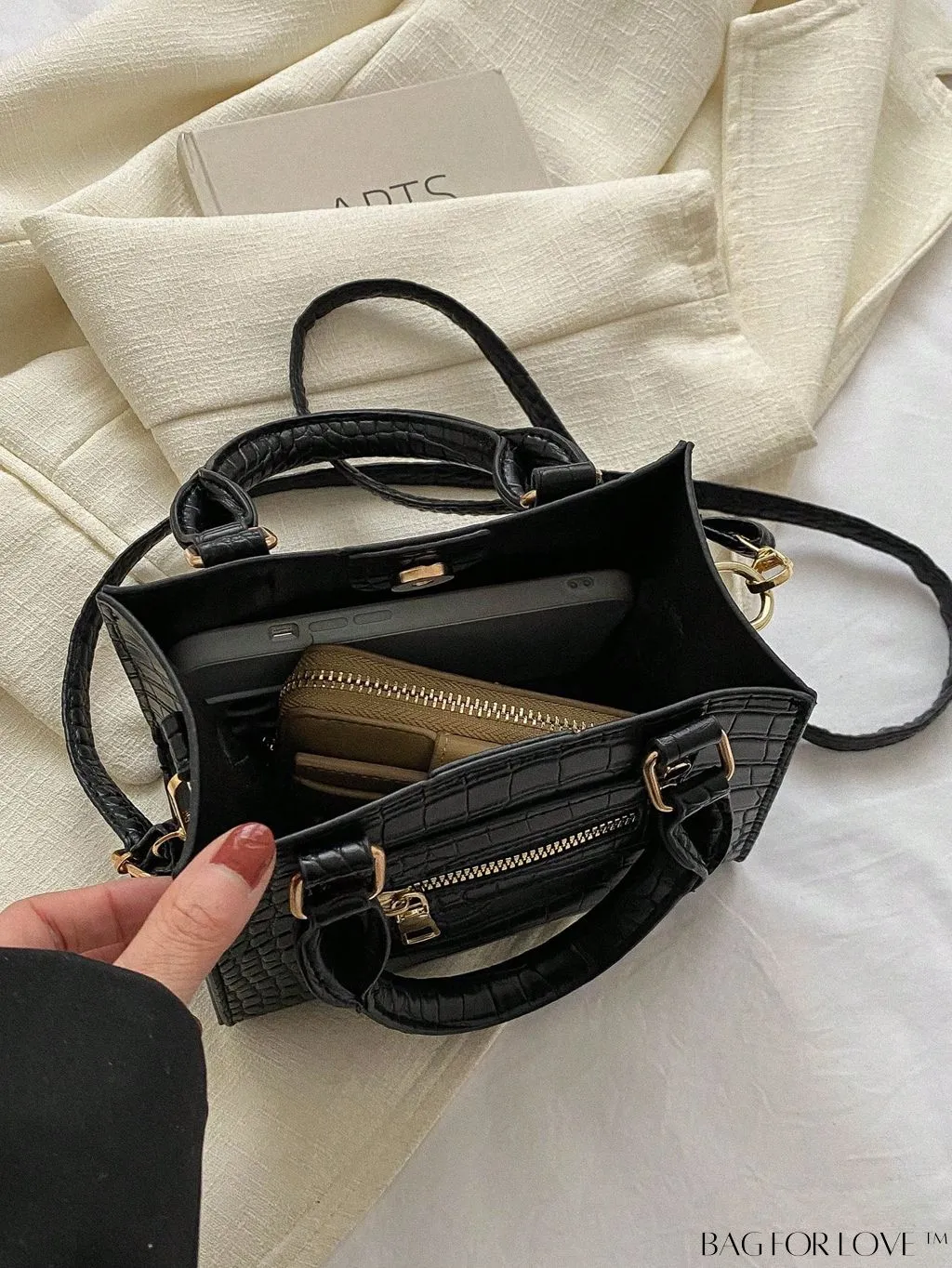 BagForLove - Crocodile Embossed Square Bag with Zipper Front Decor and Double Handle - Perfect for Everyday Use