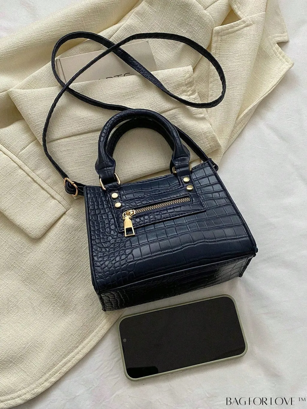 BagForLove - Crocodile Embossed Square Bag with Zipper Front Decor and Double Handle - Perfect for Everyday Use