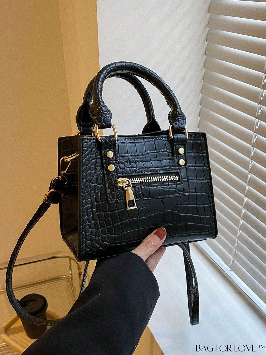 BagForLove - Crocodile Embossed Square Bag with Zipper Front Decor and Double Handle - Perfect for Everyday Use