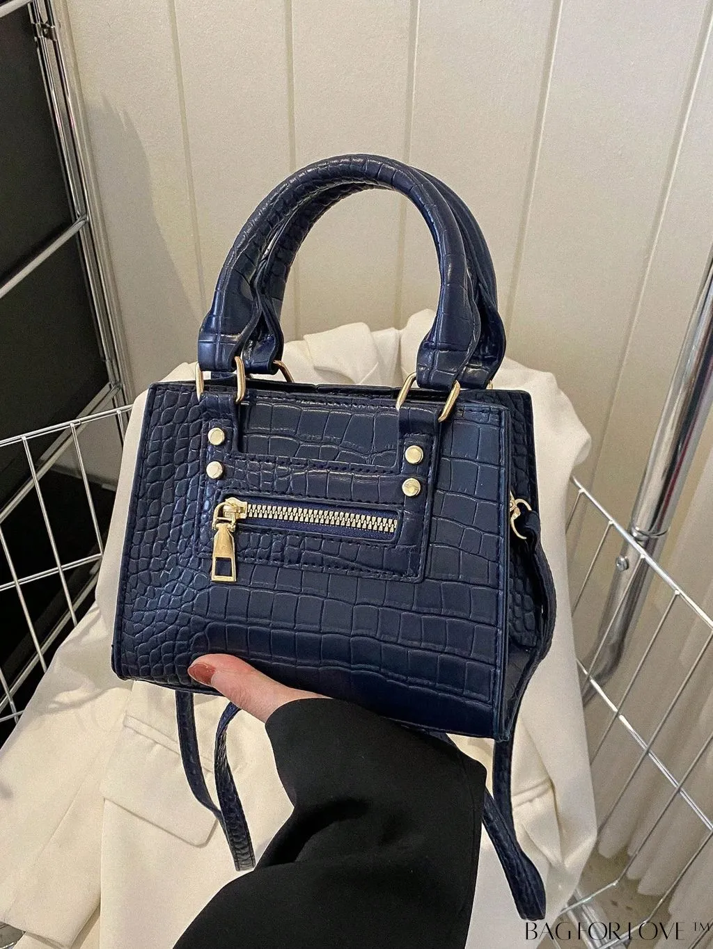 BagForLove - Crocodile Embossed Square Bag with Zipper Front Decor and Double Handle - Perfect for Everyday Use