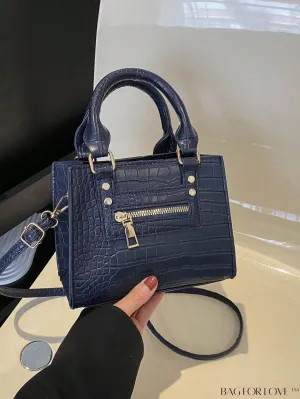 BagForLove - Crocodile Embossed Square Bag with Zipper Front Decor and Double Handle - Perfect for Everyday Use