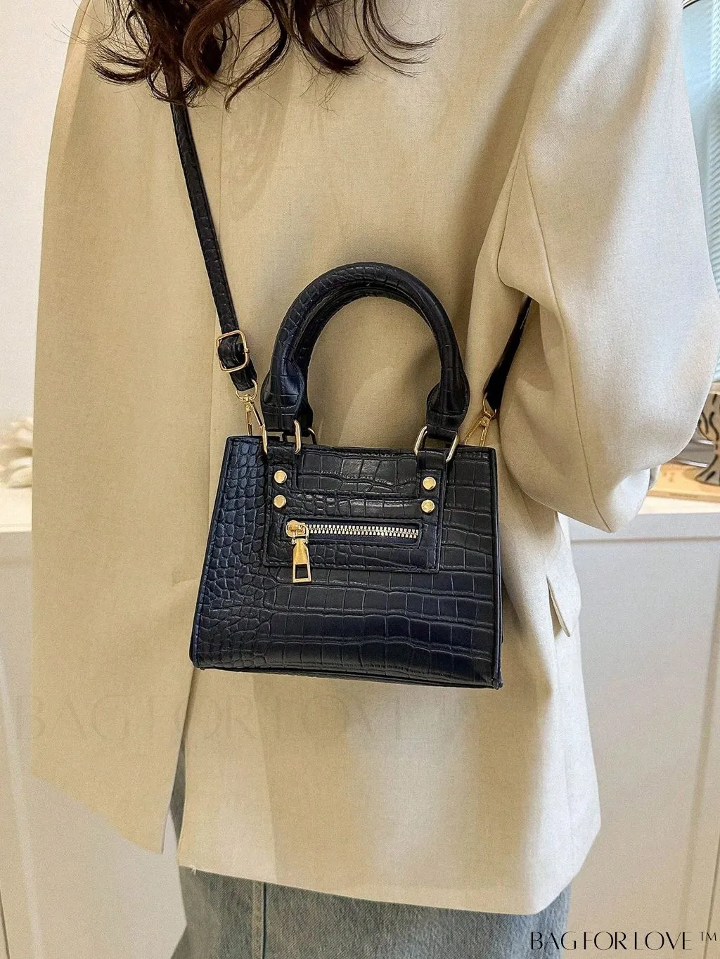 BagForLove - Crocodile Embossed Square Bag with Zipper Front Decor and Double Handle - Perfect for Everyday Use