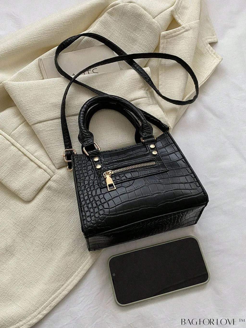 BagForLove - Crocodile Embossed Square Bag with Zipper Front Decor and Double Handle - Perfect for Everyday Use
