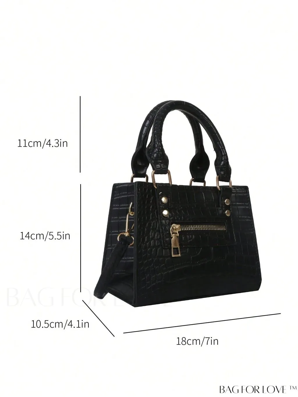 BagForLove - Crocodile Embossed Square Bag with Zipper Front Decor and Double Handle - Perfect for Everyday Use