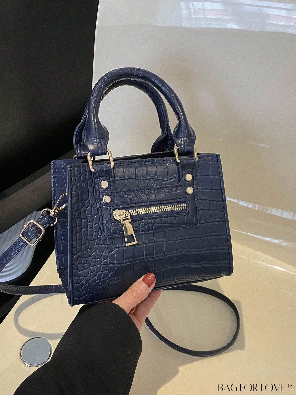 BagForLove - Crocodile Embossed Square Bag with Zipper Front Decor and Double Handle - Perfect for Everyday Use