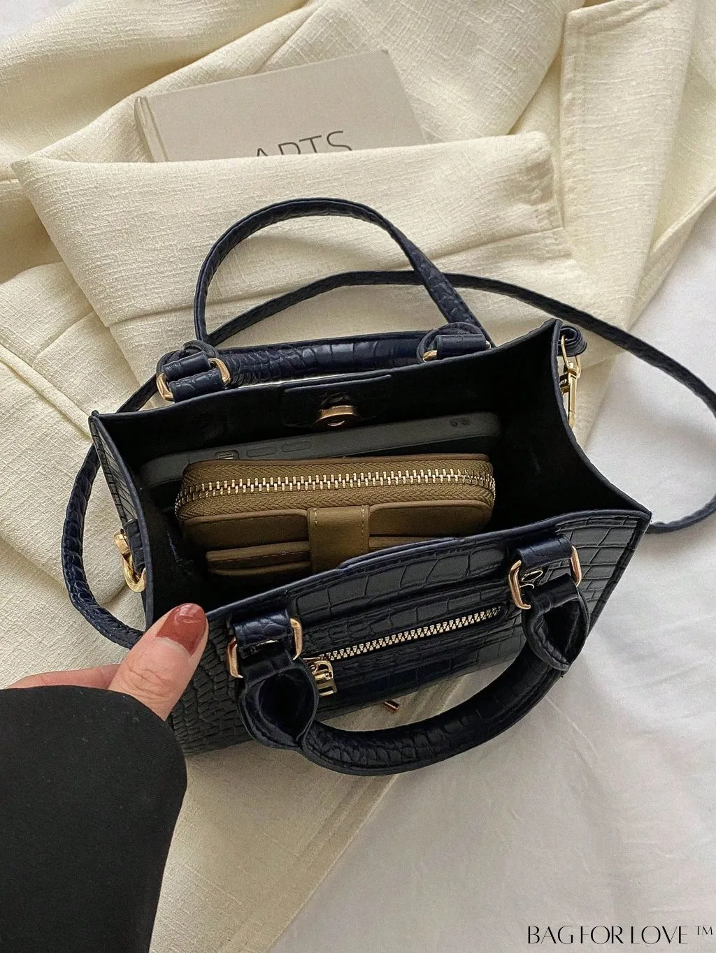 BagForLove - Crocodile Embossed Square Bag with Zipper Front Decor and Double Handle - Perfect for Everyday Use