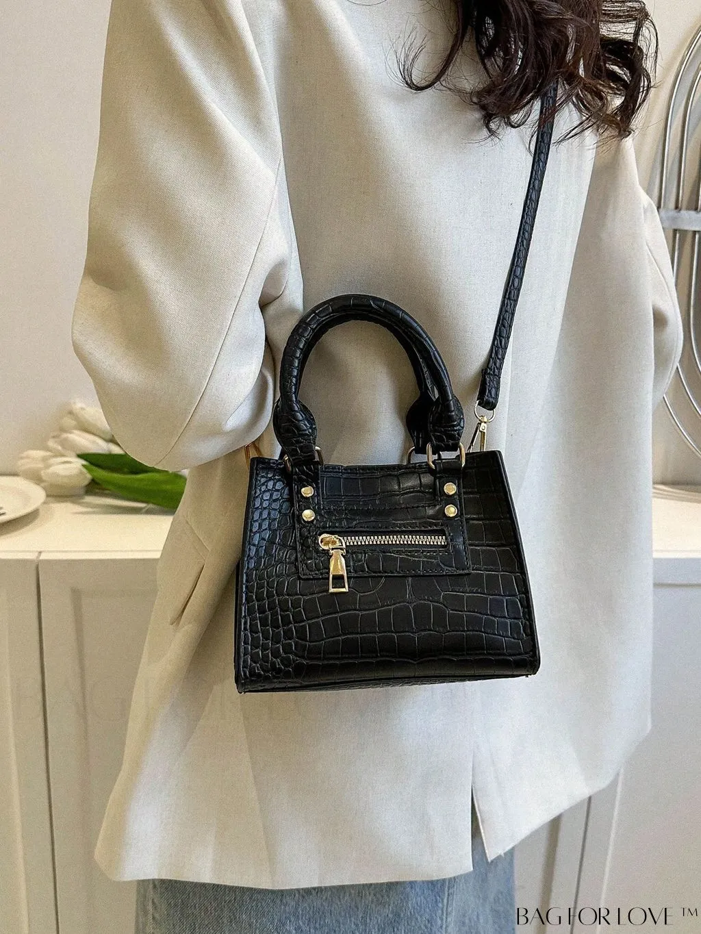 BagForLove - Crocodile Embossed Square Bag with Zipper Front Decor and Double Handle - Perfect for Everyday Use
