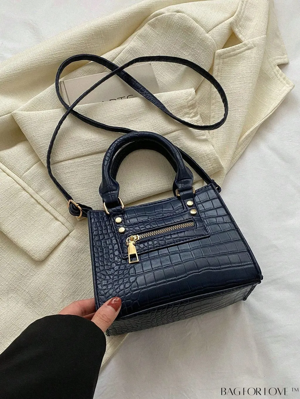 BagForLove - Crocodile Embossed Square Bag with Zipper Front Decor and Double Handle - Perfect for Everyday Use