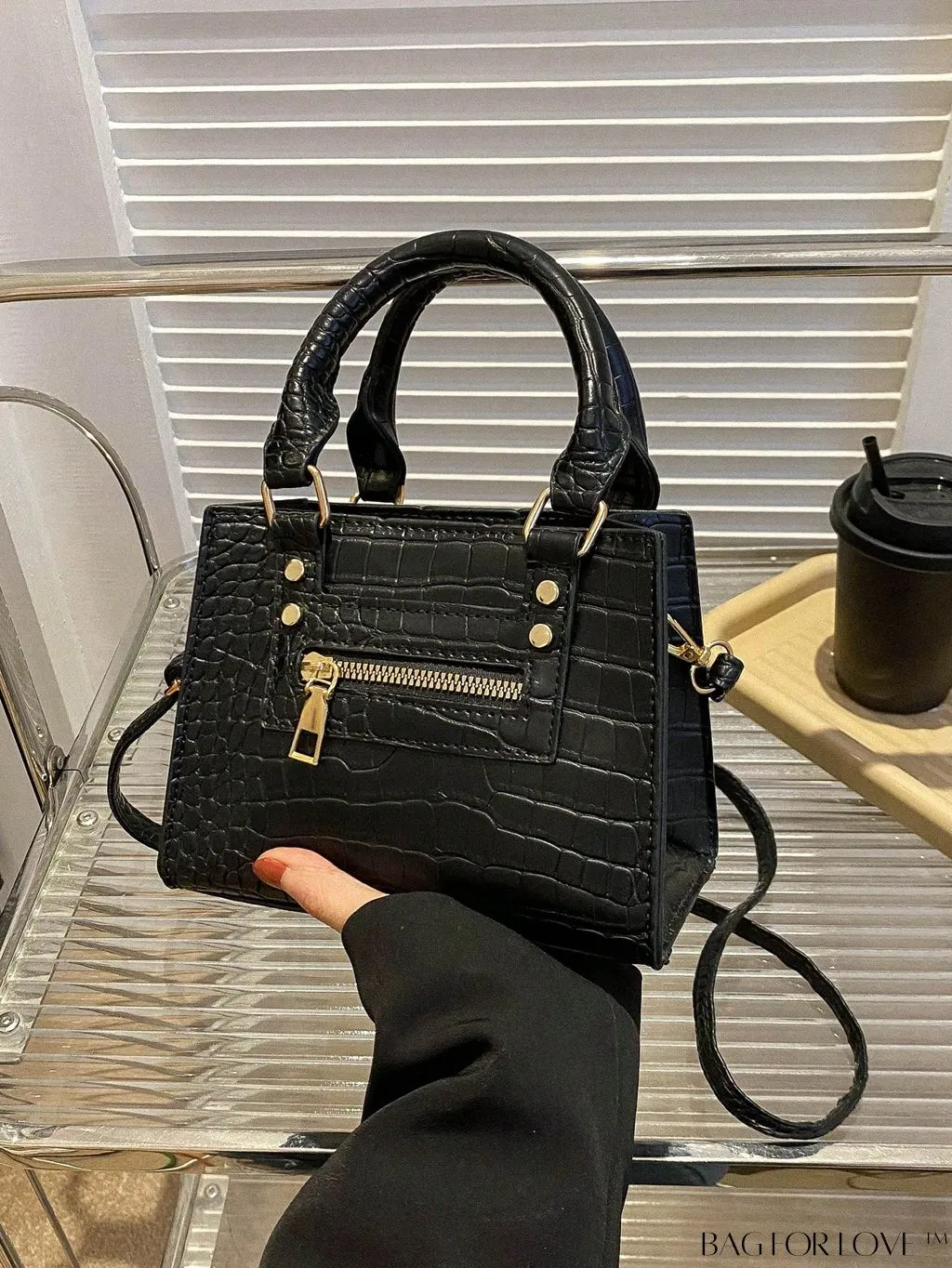 BagForLove - Crocodile Embossed Square Bag with Zipper Front Decor and Double Handle - Perfect for Everyday Use