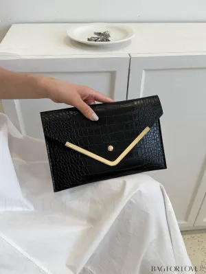 BagForLove - Elegant Crocodile Embossed Envelope Bag with Metal Decor