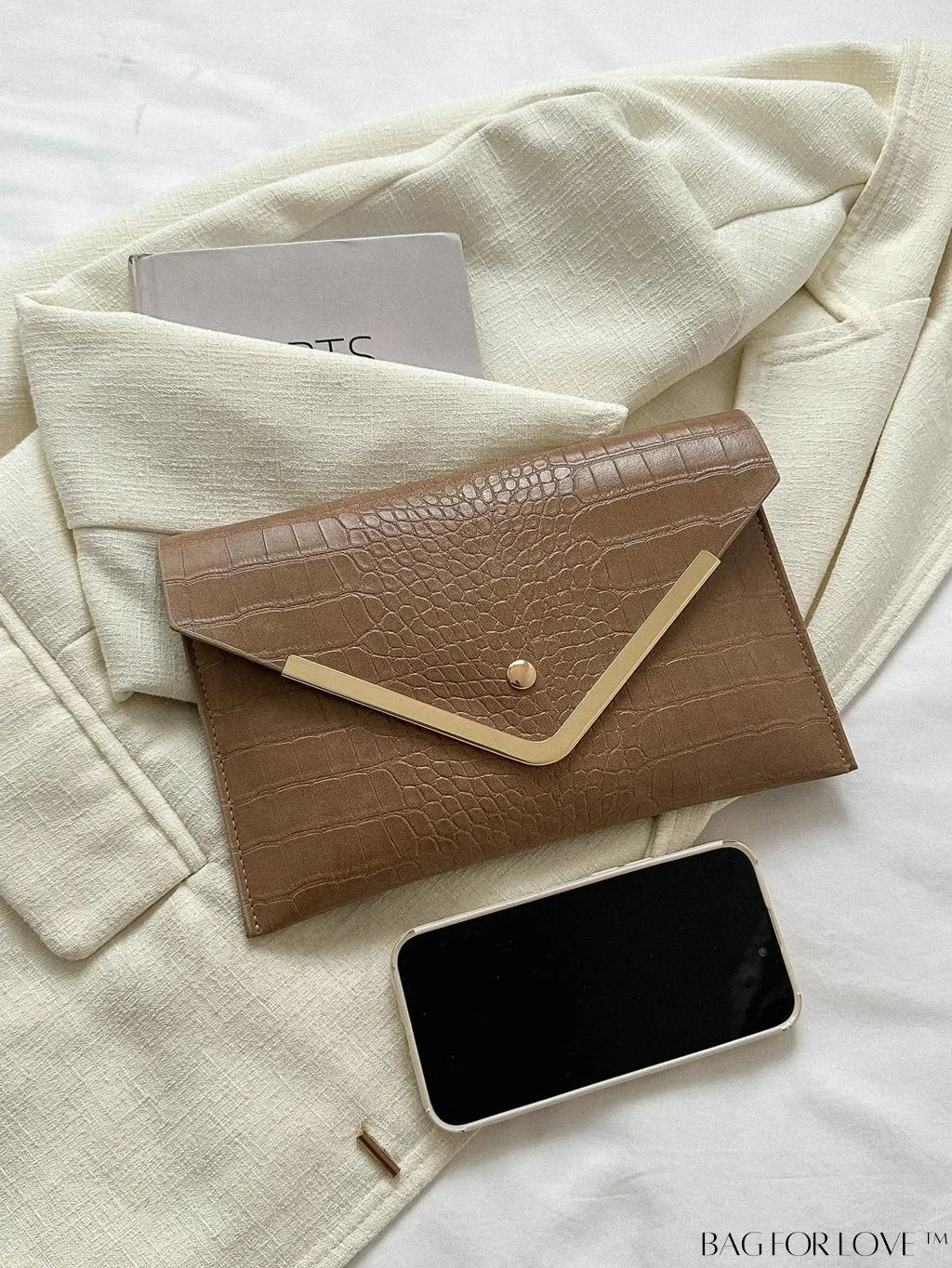 BagForLove - Elegant Crocodile Embossed Envelope Bag with Metal Decor