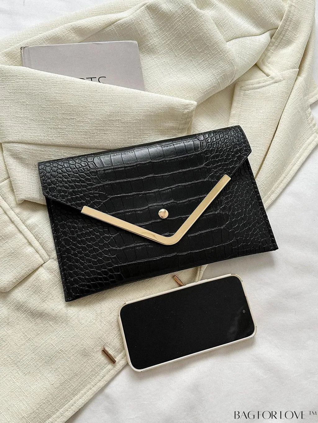BagForLove - Elegant Crocodile Embossed Envelope Bag with Metal Decor